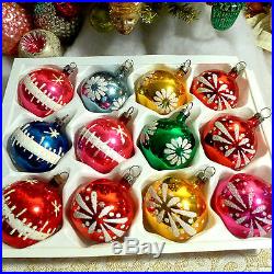 12 Vtg Poland small Hand Painted Glass Xmas Ornaments all with Paint or Mica box