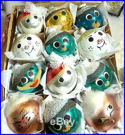 12 Vtg W. Germany Italy Funny Face Paint Mica Glitter Sequin Glass Ornaments Box