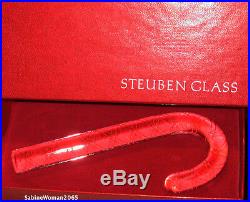 2 NEW in BOX STEUBEN glass CANDY CANES RED + WHITE airtwist ornamentals Xmas art