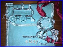2 Tiffany & Co. Crystal Christmas Ornament TRAIN & BEAR Ornaments withPouch