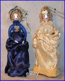 2 VTG 9 BLUE Christmas ornament blown glass VICTORIAN LADY figural rare GOLD