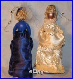 2 VTG 9 BLUE Christmas ornament blown glass VICTORIAN LADY figural rare GOLD