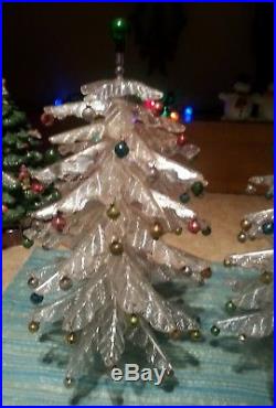 2 Vintage CRYSTAL PINE Tree Christmas Tree Plastic with Mercury Mini Ornaments