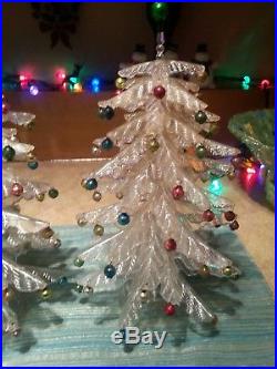 2 Vintage CRYSTAL PINE Tree Christmas Tree Plastic with Mercury Mini Ornaments