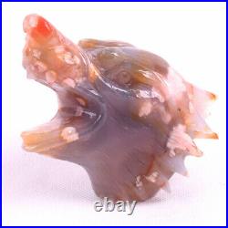 4.8'' Natural Cherry Blossom Agate Geode Carved Wolf Skull, Home Decoration