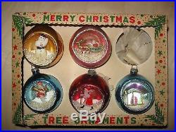 5 VINTAGE DIORAMA INDENT MERCURY GLASS CHRISTMAS ORNAMENTS MID CENTURY JAPAN