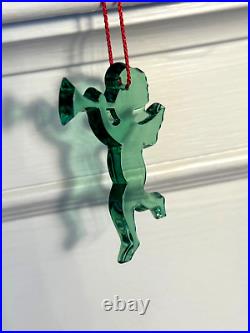 Authentic BACCARAT CRYSTAL Blue/Green Angel Cherub Trumpet Christmas Ornament