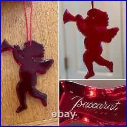 Authentic BACCARAT CRYSTAL Ruby Red Angel Cherub Trumpet Christmas Ornament