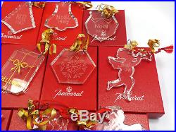Baccarat Crystal 14 Annual Christmas Noel Ornaments, 1985 & 1987-1999, with boxes