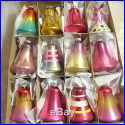 Box 12 Colorful Vtg Glass Xmas Ornaments Assorted Colors Shiny Brite USA BELLS
