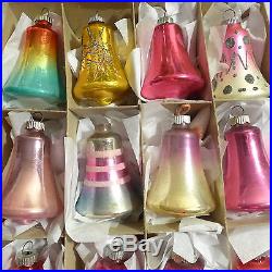 Box 12 Colorful Vtg Glass Xmas Ornaments Assorted Colors Shiny Brite USA BELLS