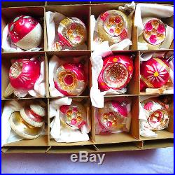 Box 12 vtg FANCY Glass Ornaments Indents Drop Finial Germany Shiny Brite Mica