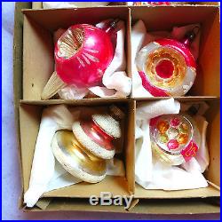 Box 12 vtg FANCY Glass Ornaments Indents Drop Finial Germany Shiny Brite Mica