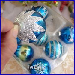 Box of 9 Fancy Blue USA Shiny Brite Silver Glitter Vtg Glass Xmas Ornaments