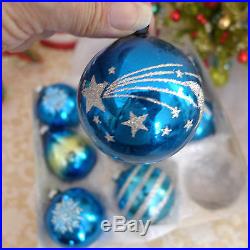 Box of 9 Fancy Blue USA Shiny Brite Silver Glitter Vtg Glass Xmas Ornaments