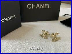 CHANEL CC Large Stud Gold Crystal Earrings 100% Authentic