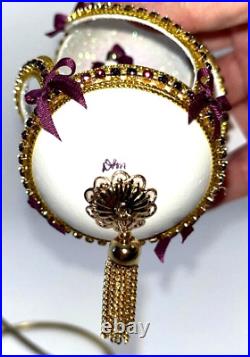 Carved Goose Egg Ornament, Christmas Tree with Amethyst Swarovski crystal chain