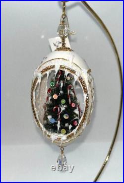 Carved Lattice Goose Egg Ornament, Christmas Tree, Swarovski crystals, signed