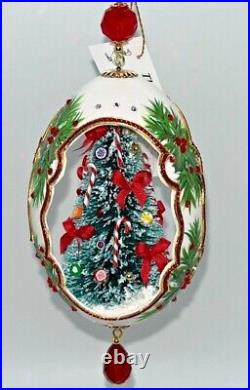 Carved Lt. Siam, Christmas Tree Goose Egg Ornament, Swarovski crystals, signed