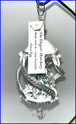 Carved, Silver Christmas Tree Goose Egg Ornament, Swarovski crystals, signed