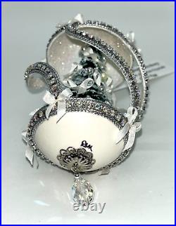 Carved, Silver Christmas Tree Goose Egg Ornament, Swarovski crystals, signed