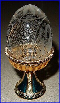 Faberge Swan Crystal Egg With Blue Palace Holder & Box Signed