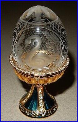 Faberge Swan Crystal Egg With Blue Palace Holder & Box Signed