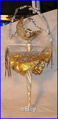 Gold moon showgirl Christmas ornament blown glass feather rare Italy