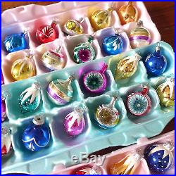 Huge Lot Vtg 110 Feather Tree Mini Mica Indent Glitter Glass Xmas Ornaments box