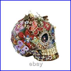 Jay Strongwater 4.5 Tall Skull With Butterflies Glass Ornament New Box