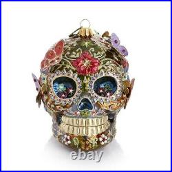 Jay Strongwater 4.5 Tall Skull With Butterflies Glass Ornament New Box