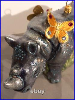Jay Strongwater Rhinoceros Christmas Ornament Swarovski Crystals Handblown READ