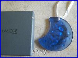 Lalique 1999 Blue Frosted Crystal Glass Christmas Ornament Angel Cherub Moon
