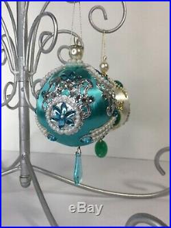 Lot Of 2 VTG June Zimonick Green Blue Christmas Ornaments With Austrian Crystals