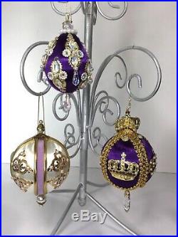Lot Of 3 VTG June Zimonick Purple Gold Christmas Ornaments With Austrian Crystals