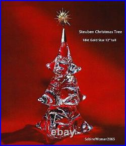 NEW in BOX STEUBEN glass CHRISTMAS TREE 18K GOLD STAR ornament JAMES HOUSTON