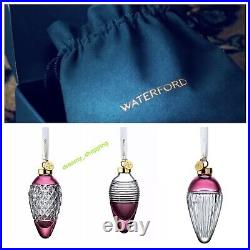 NIB Waterford Lismore Set Of 3 Drop Cranberry Faith Hope Love Crystal Ornaments