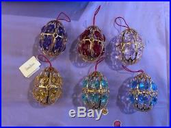 New in Box NIB Set of 6 Faberge Crystal Multi Color Egg Christmas Ornaments