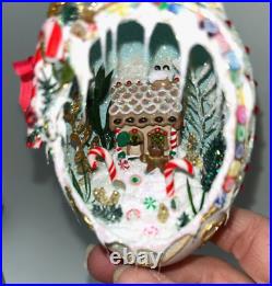 Real Goose Egg Ornament with Gingerbread house, Carved, Swarovski crystals, signed