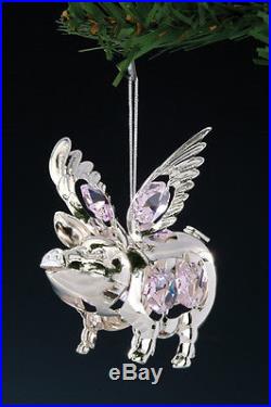SILVER FLYING PIG CHRISTMAS ORNAMENT WITH PINK CRYSTALS, When Pigs Fly