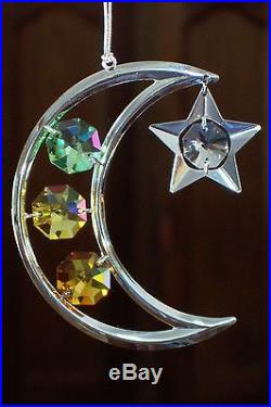 SILVER MOON AND STARS CHRISTMAS ORNAMENT WITH MULTICOLORED CRYSTALS