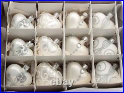 Set (12) Czech glass hand decorated pearl white heart Christmas tree ornaments