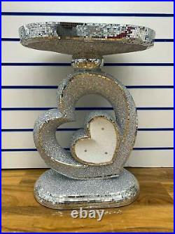 Sparkly Ornamental Decorative Heart Side Table Diamond Crush Crystal Silver