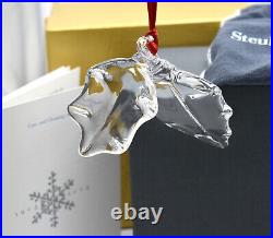 Steuben Fine Crystal Holly Leaves Christmas Ornament 2pc NOS Neiman Box