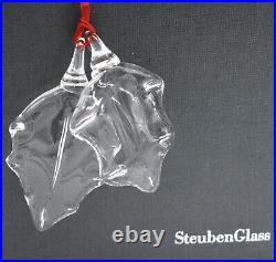Steuben Fine Crystal Holly Leaves Christmas Ornament 2pc NOS Neiman Box