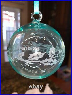 Tiffany & Co 2018 Ornament Blue Crystal Glass Ball Etched Holly Christmas w Box