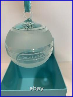 Tiffany & Co Blue Glass Crystal Ribbon Stripe Ball Ornament 2018 RARE New in Box