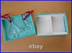 Tiffany & Co. Christmas Ornament Crystal Glass Snowman Tree Pair Set with Box RARE