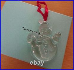 Tiffany & Co. Christmas Ornament Crystal Glass Snowman Tree Pair Set with Box RARE