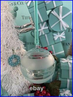 Tiffany&Co Crystal Blue Glass Ball Ornament 2018 Frosted Stripes Glass W Box